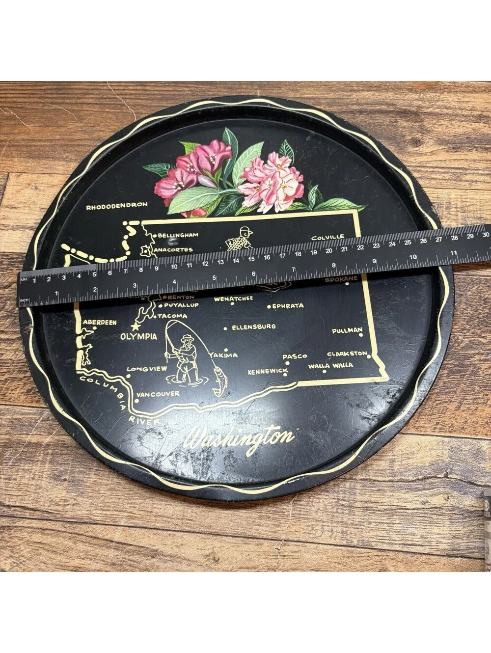 Vintage Washington State 11in Black Metal Wall Decor Serving Tray Rhododendron
